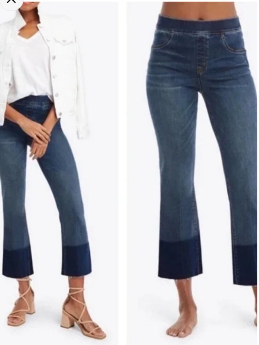 SPANX Cropped Flare Pull On Denim Blue Jeans Frayed Hem Small